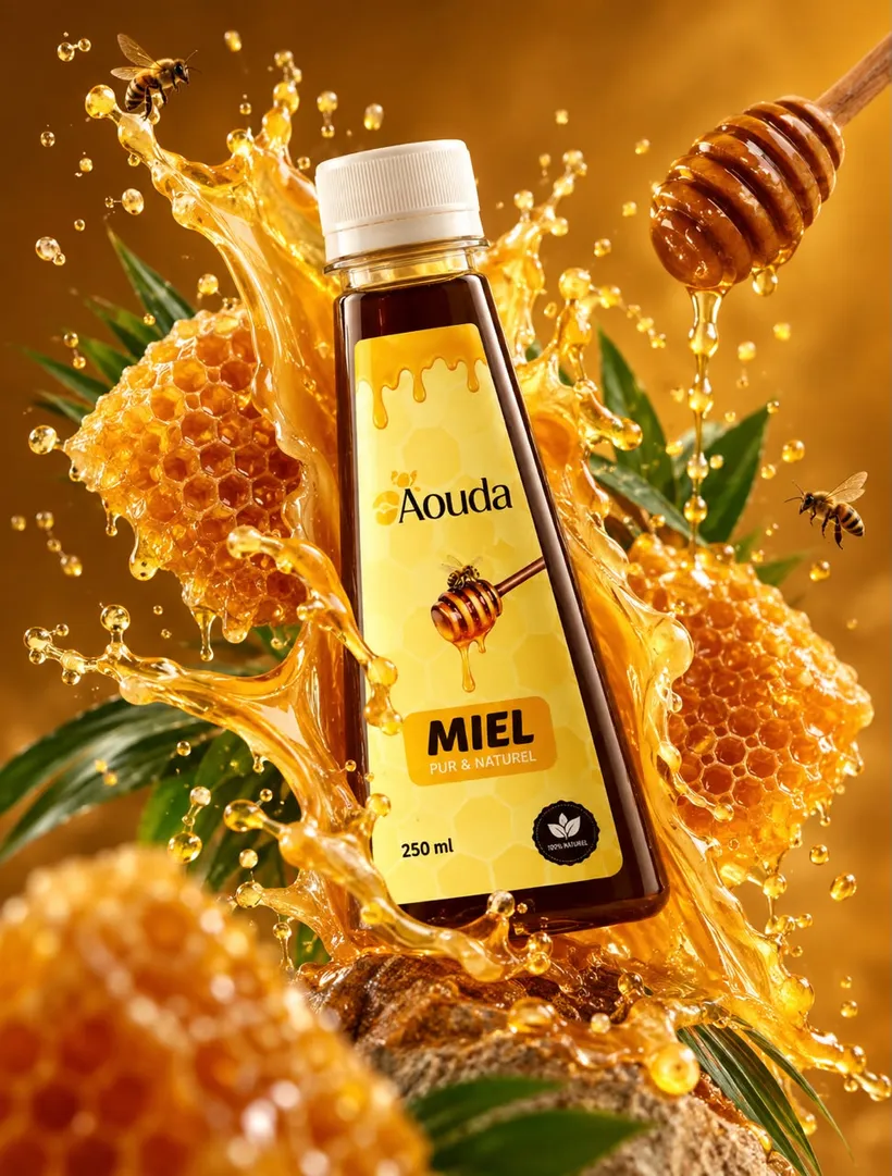 Bouteille de miel Aouda 250 ml, miel pur et naturel, entourée de rayons de miel